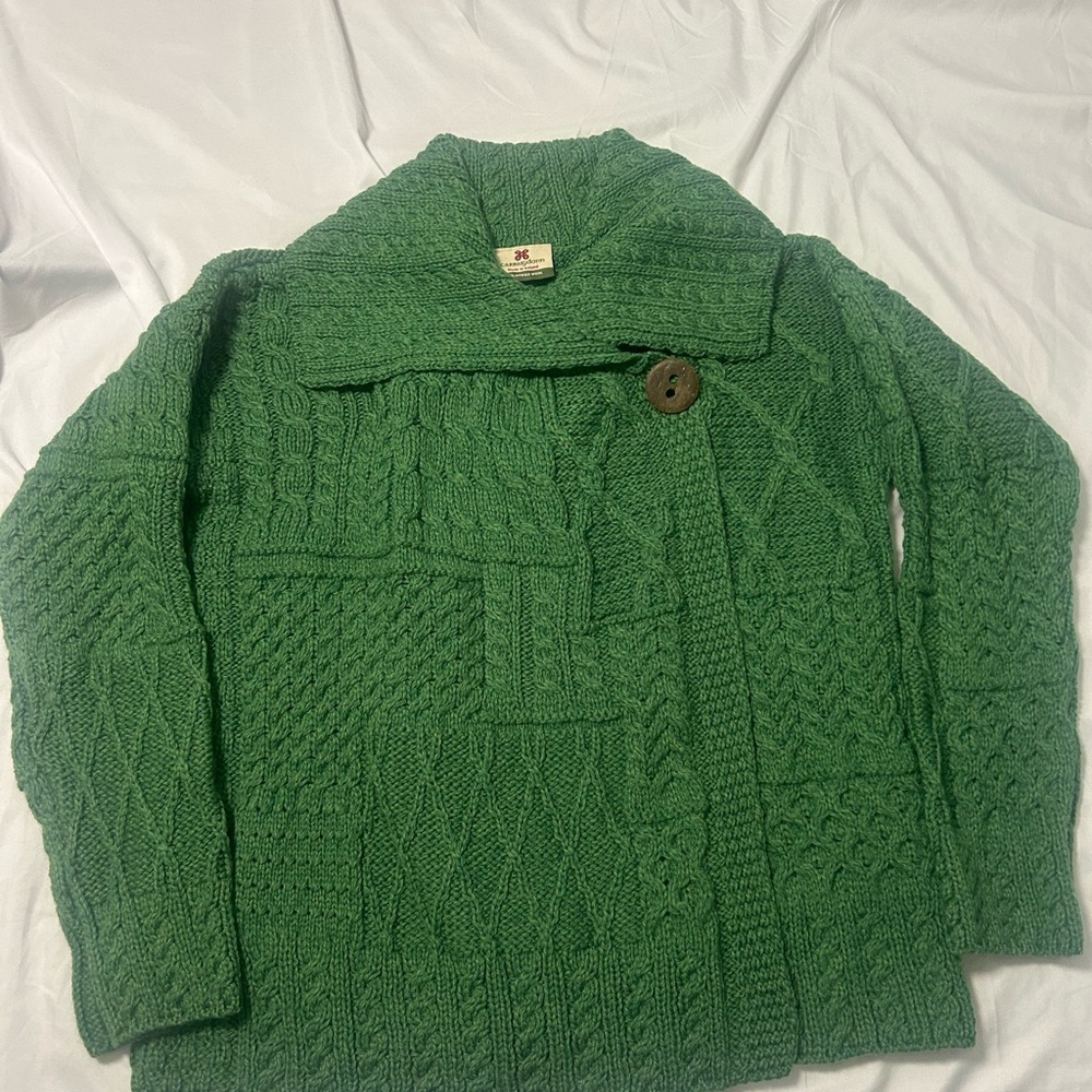 Carraig Donn Green 100% Merino Wool Cardigan Sz L Shawl Collar St. Patrick’s Day - Picture 3 of 14
